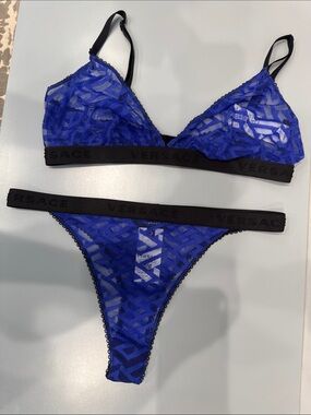 Versace Electric Blue Lace Bralette & Thong Set